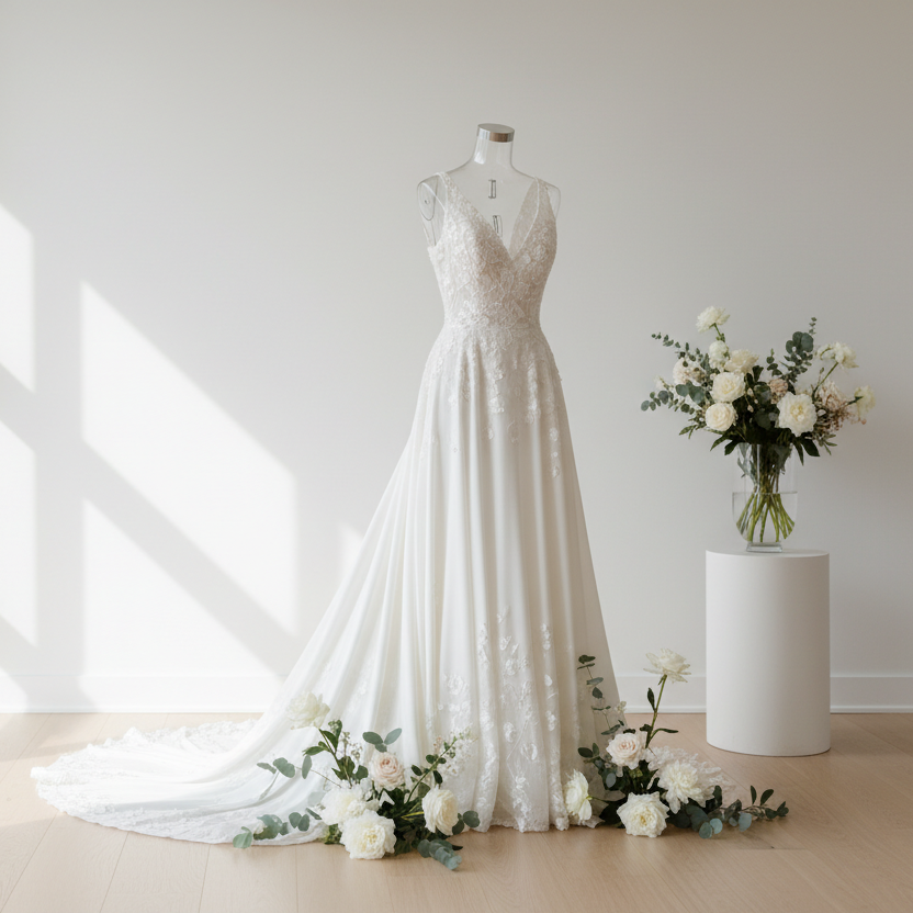 A soft, elegant scene featuring a beautifully arranged white wedding gown on a mannequin in a minimal studio, soft natural lighting, ivory tones, delicate flowers, and a luxurious, airy atmosphere. Modern, clean, and sophisticated aesthetic.